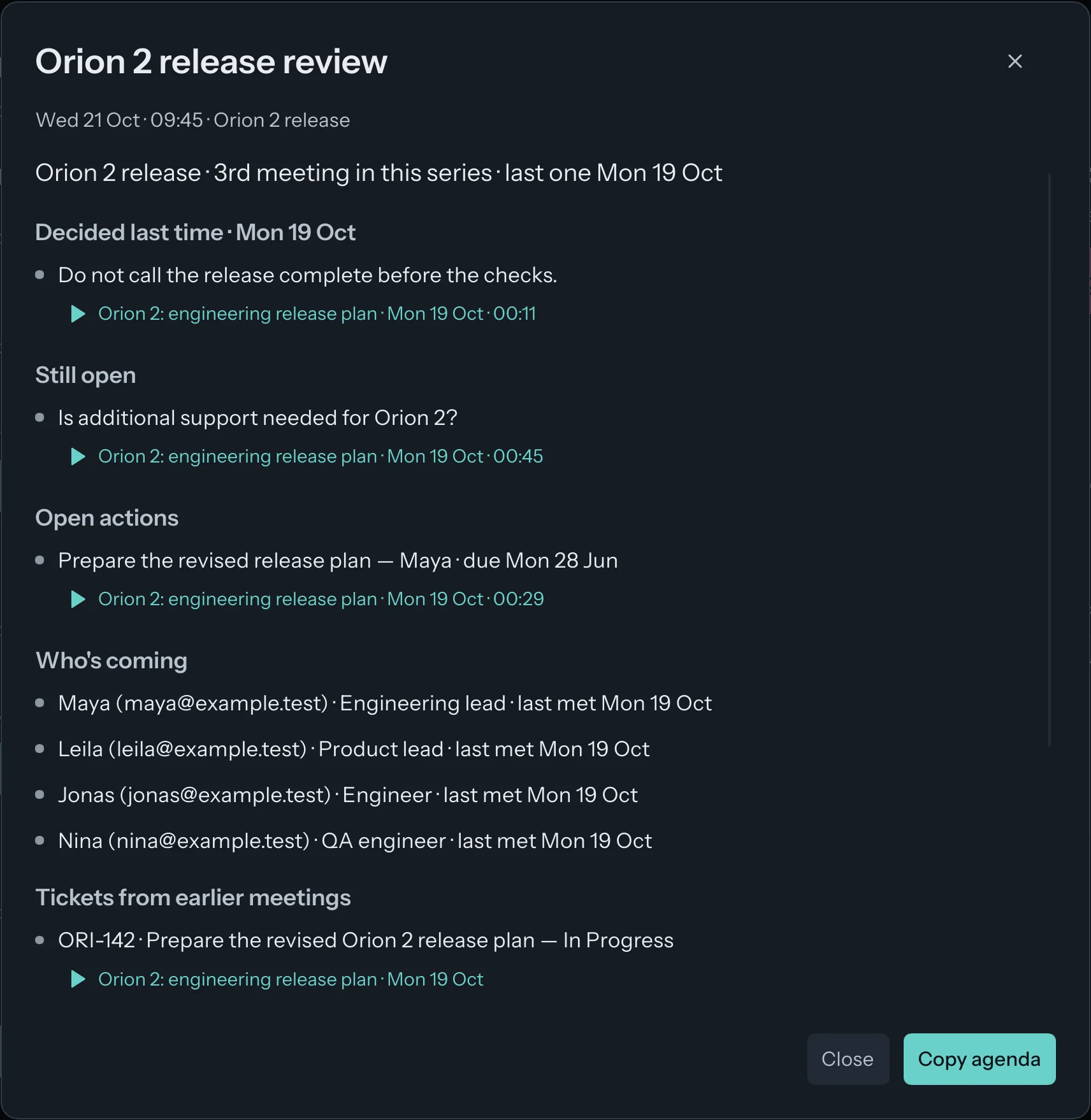 The brief for the Orion 2 release review: decided last time, still open, open actions, who is coming and the ORI-142 ticket in progress, each with a link to the moment in the 19 October meeting.